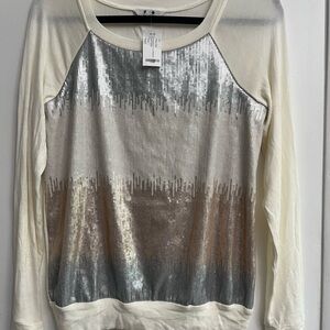 Three Dots Cream and Silver Sequin Blouse